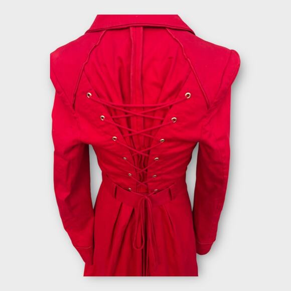 Elevenses Pansy Red Corset Back Lace Up Pleated Belted Trench Coat Women's sz 12 - Picture 5 of 15